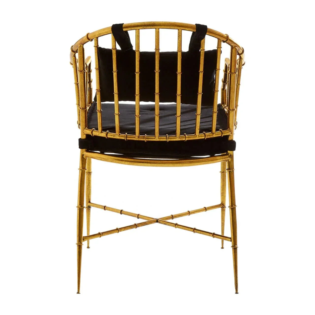 Gold bamboo-style accent chair with black velvet cushion, rear view
