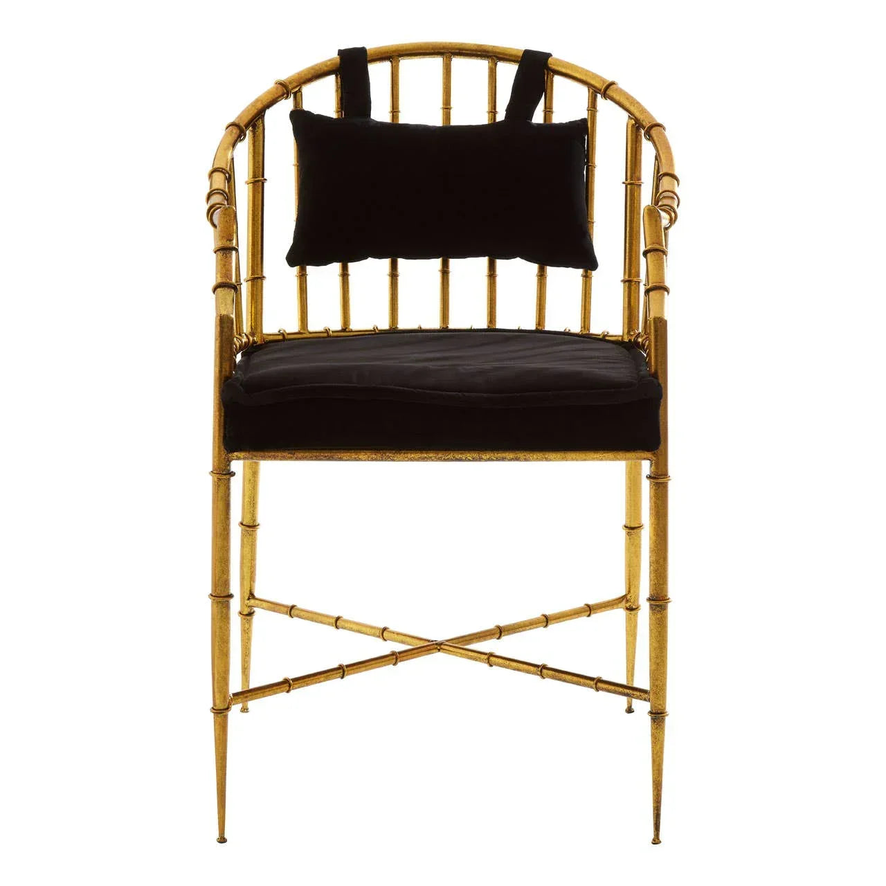 Gold metal accent chair with black velvet seat cushion and pillow, front view