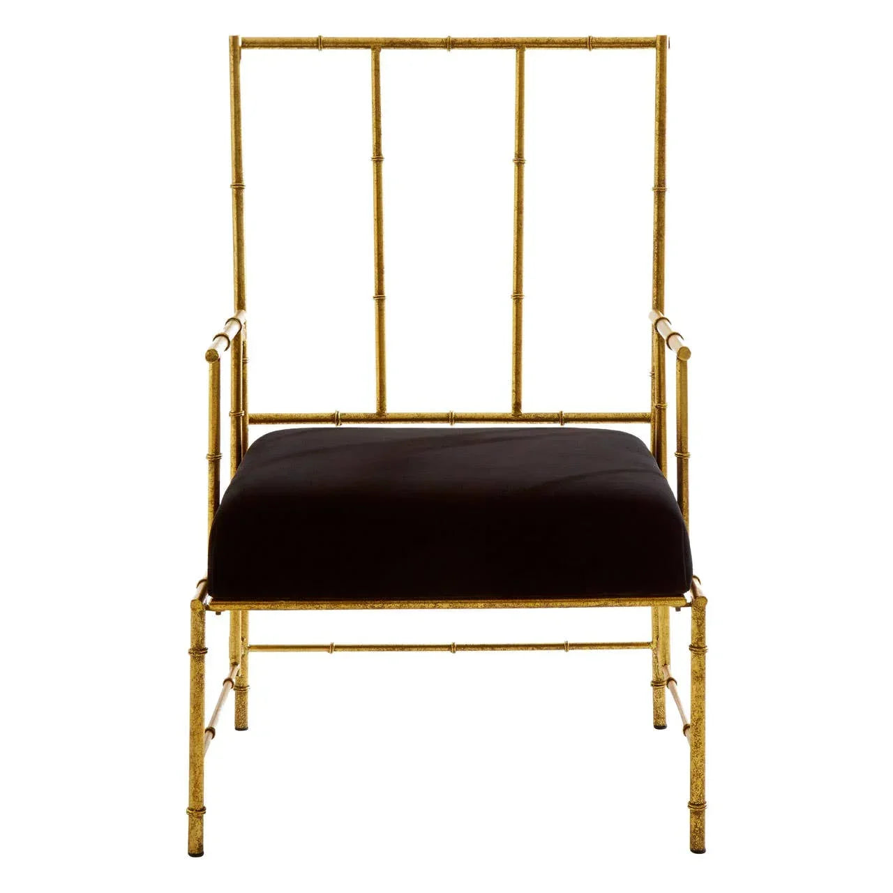 Gold metal accent chair with vertical rod back and black velvet seat, front view