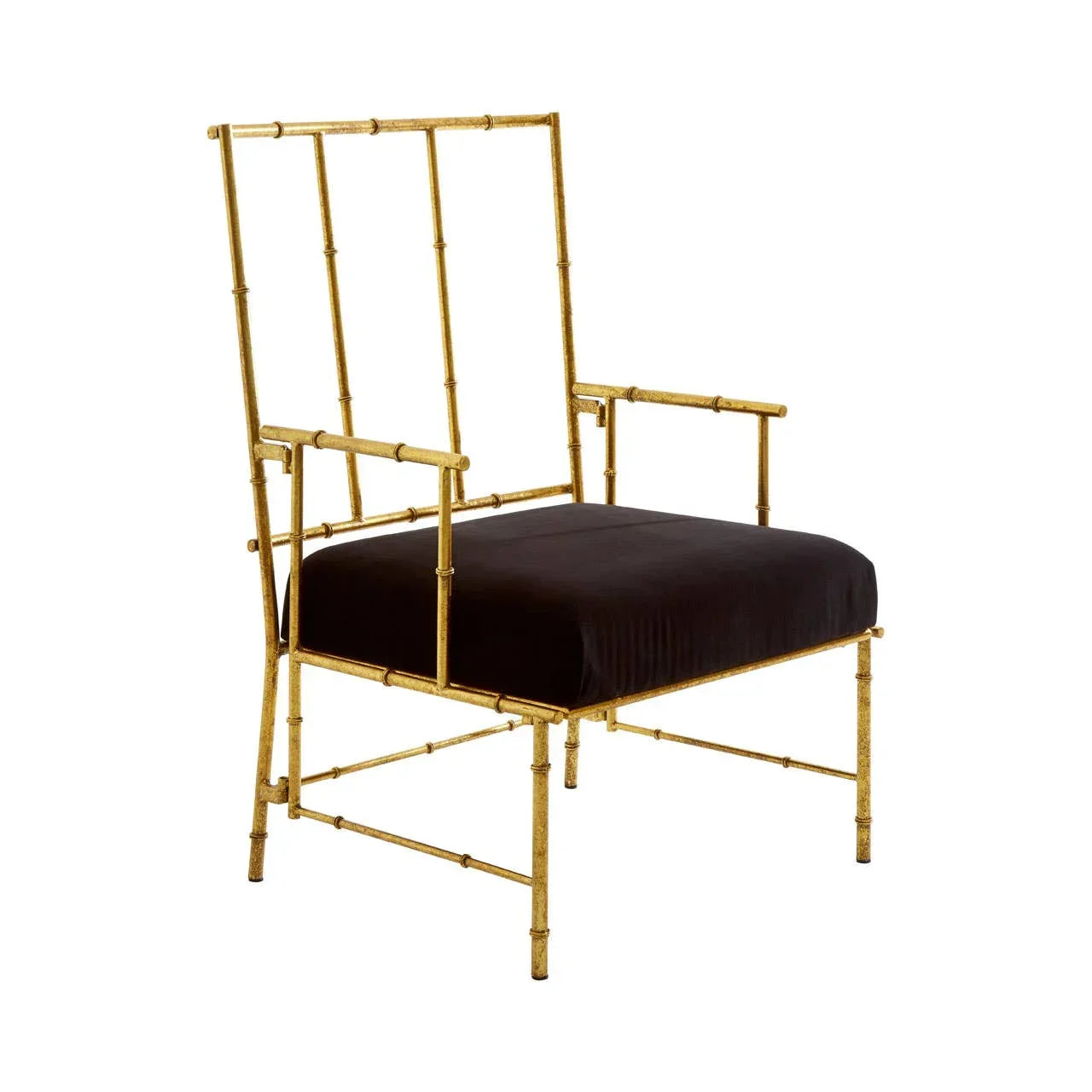 Gold metal accent chair with bamboo-style frame and black velvet seat, angled view
