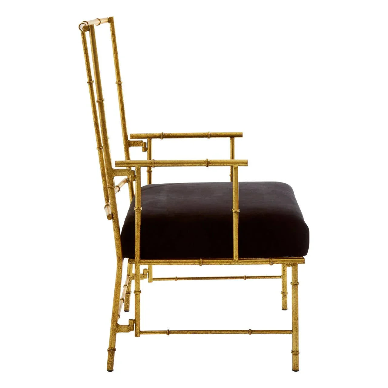Gold bamboo frame accent chair with black velvet seat, side view