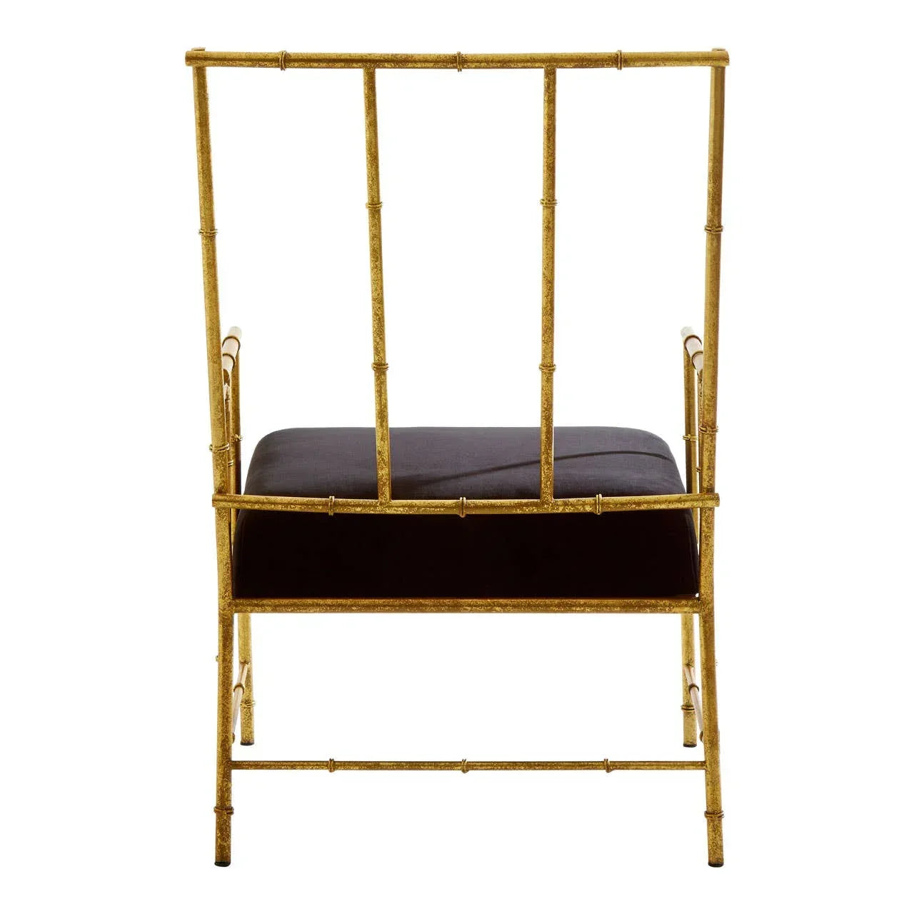 Gold metal accent chair with faux bamboo frame and black upholstered seat, rear angle view