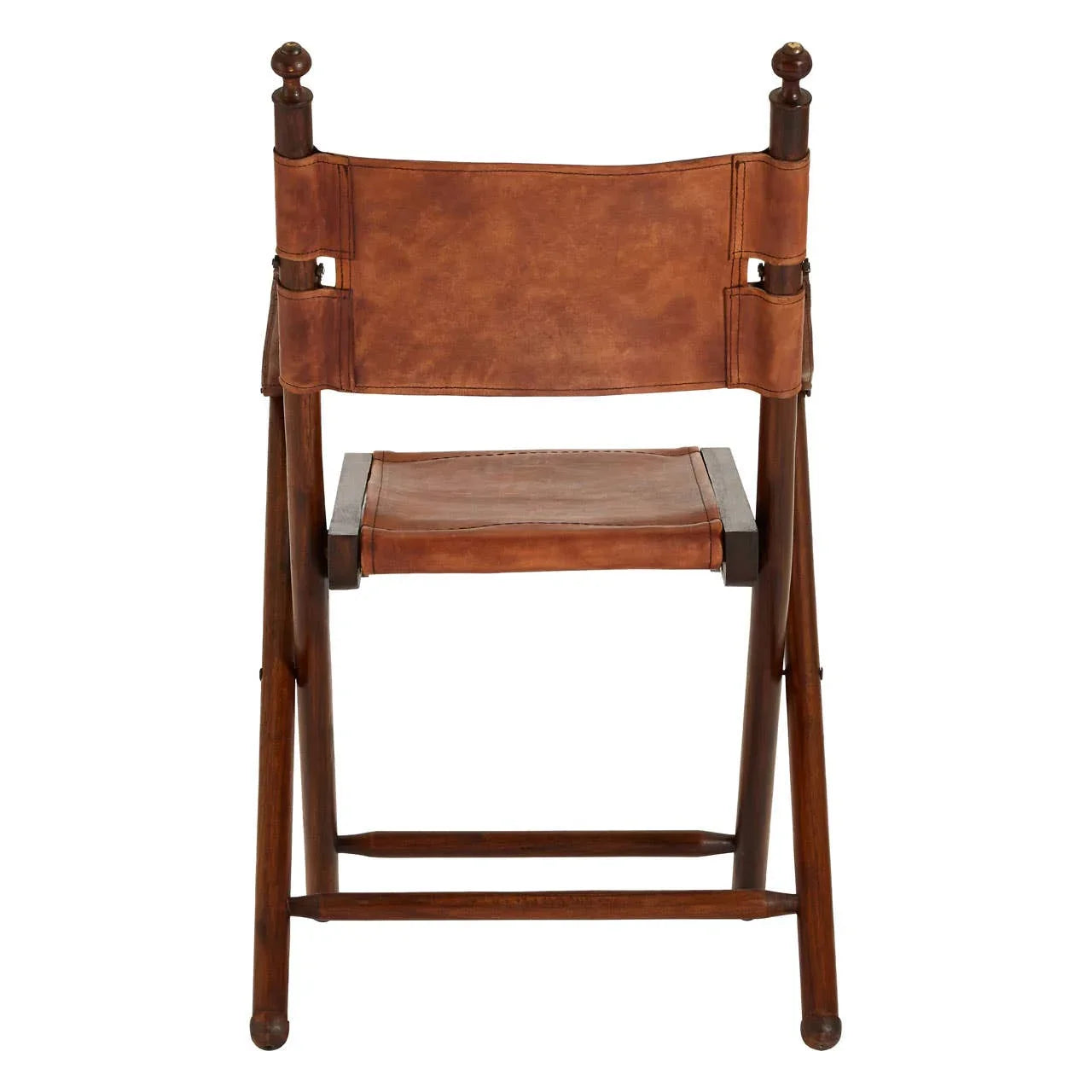 Brown leather folding chair with wooden frame, rear view