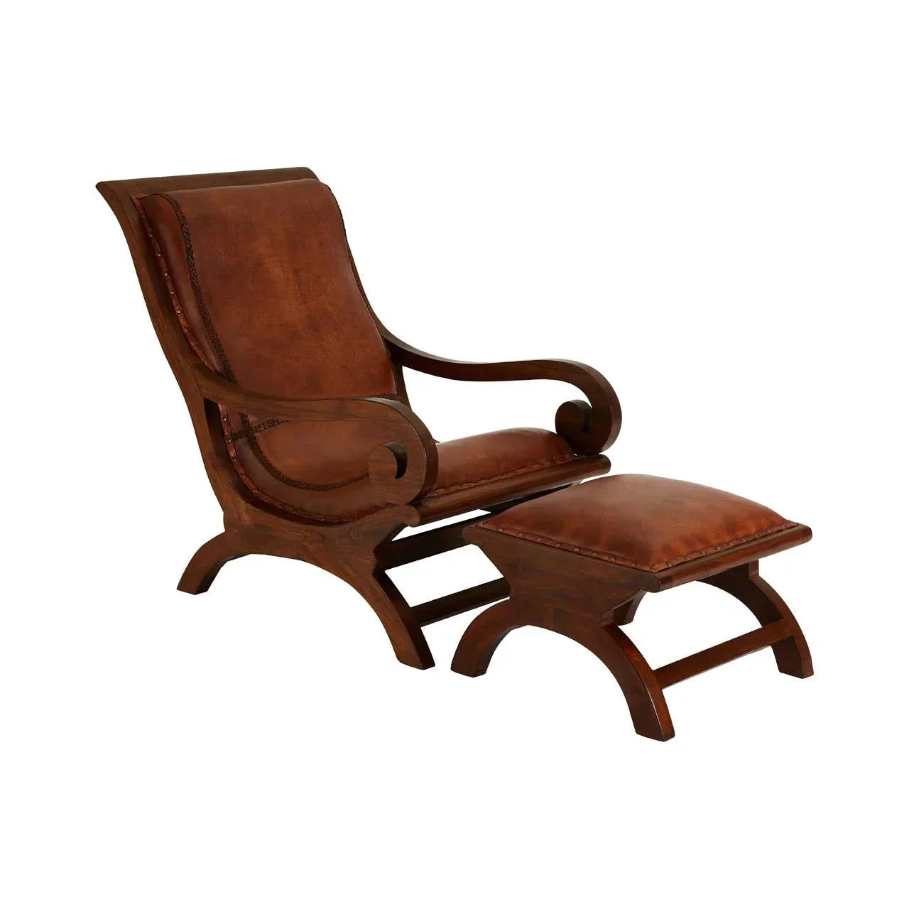 Brown leather armchair with matching wooden ottoman, curved legs, and scrolled armrests