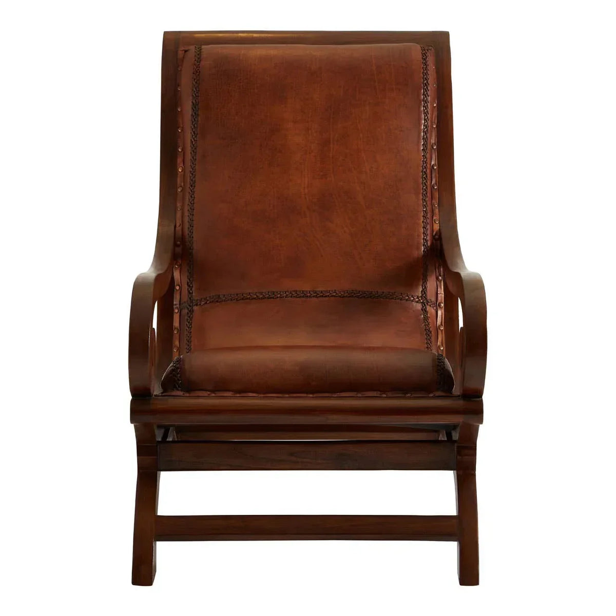 Brown leather accent chair with curved wooden arms and detailed stitching, front view