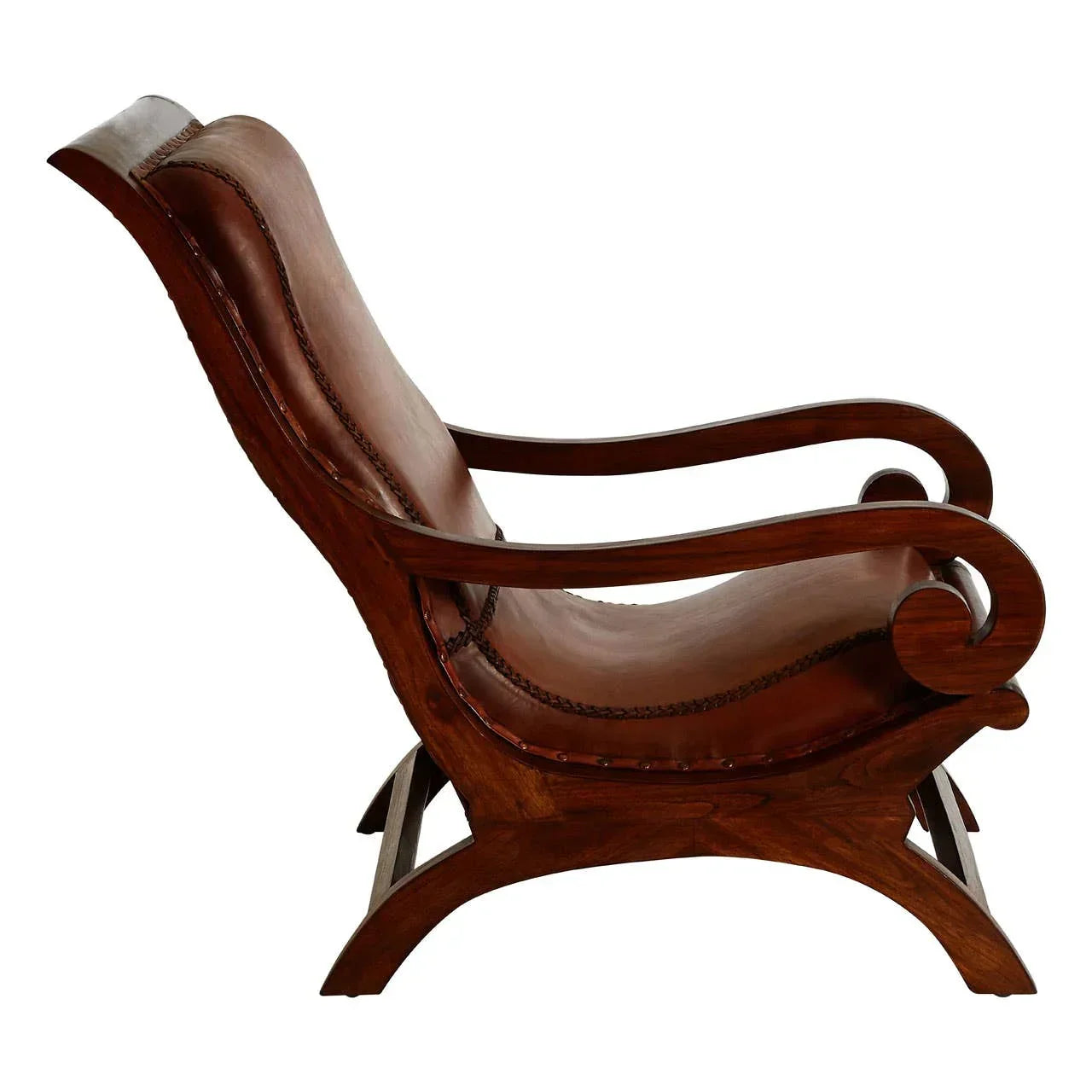 Side view of brown leather armchair with curved wooden frame and decorative stitching