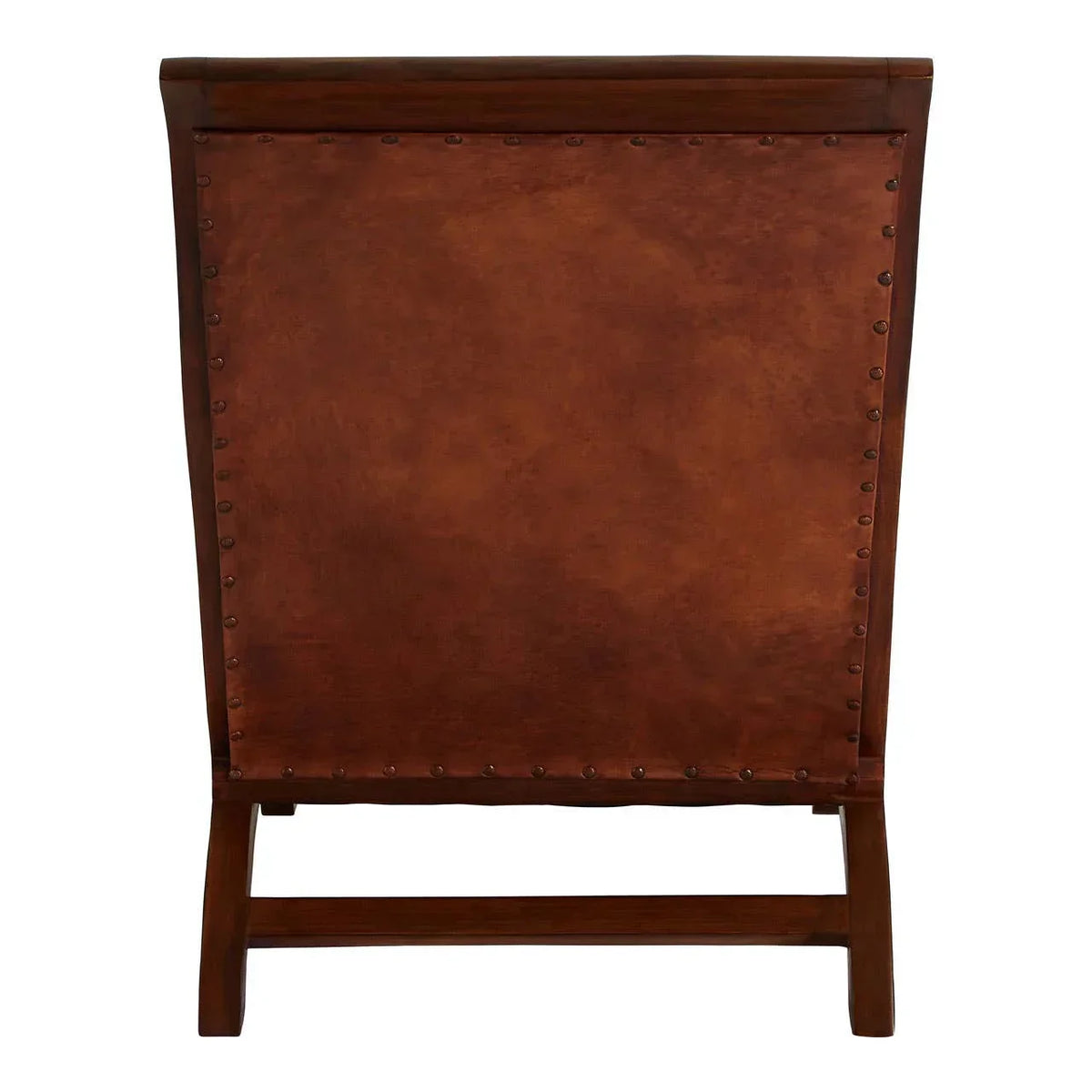 Rear view of brown leather accent chair with wooden frame and studded trim
