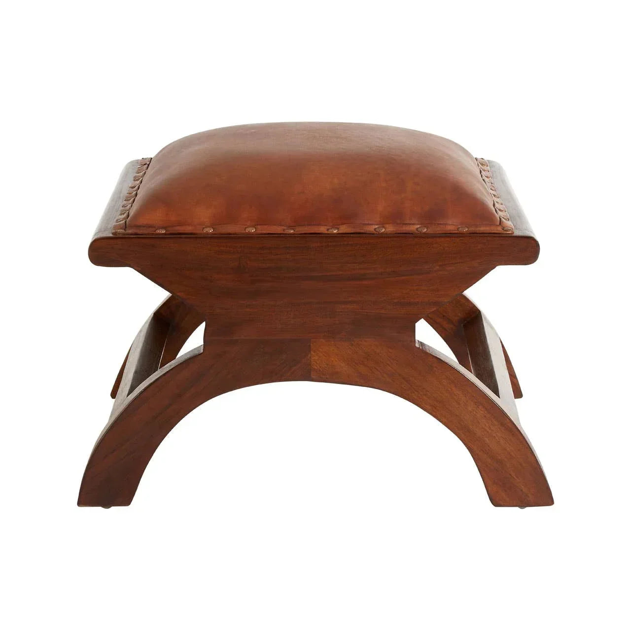 Brown leather ottoman with curved wooden legs and studded cushion, front angle view