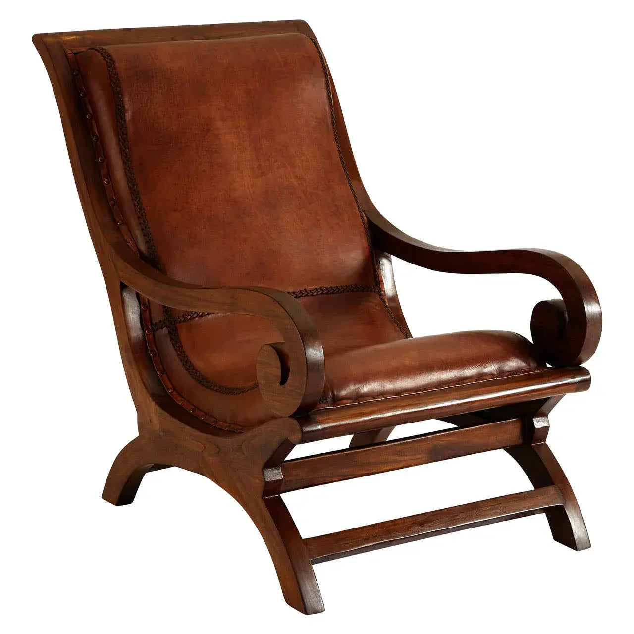 Brown leather accent chair with curved wooden arms and frame, angled for living room seating