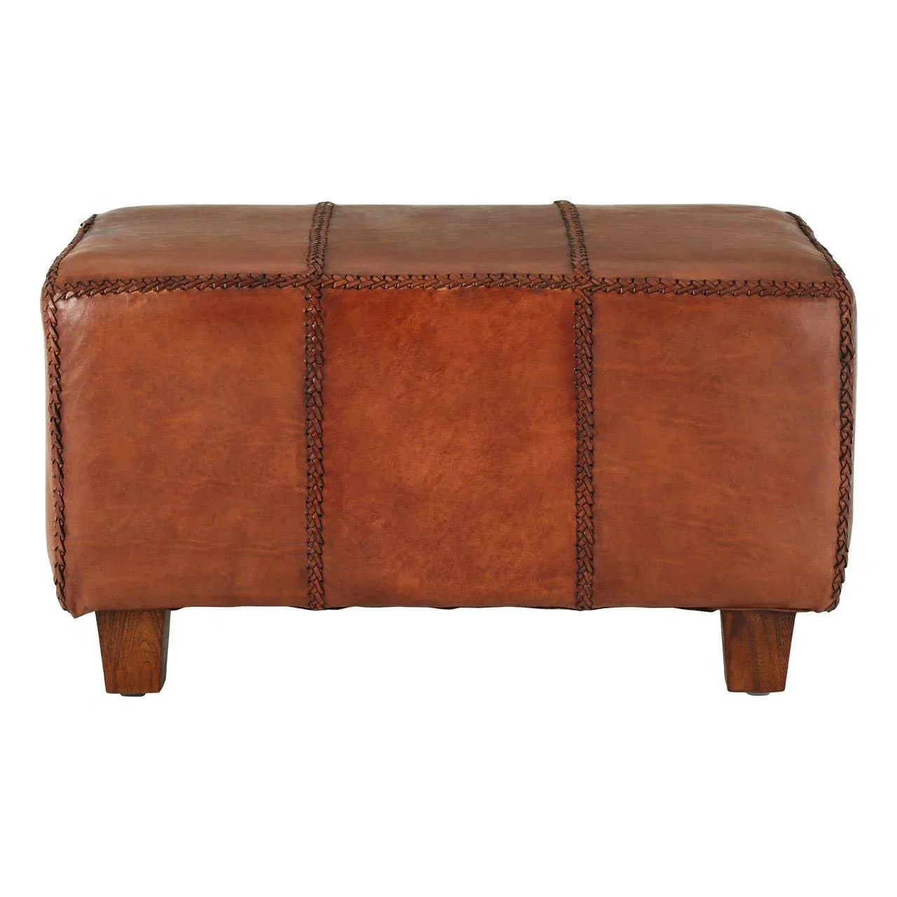 Brown leather ottoman with visible stitching and wooden legs, front view