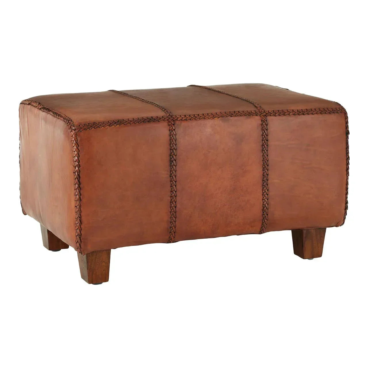 Brown leather footstool with wooden legs and visible stitched seams