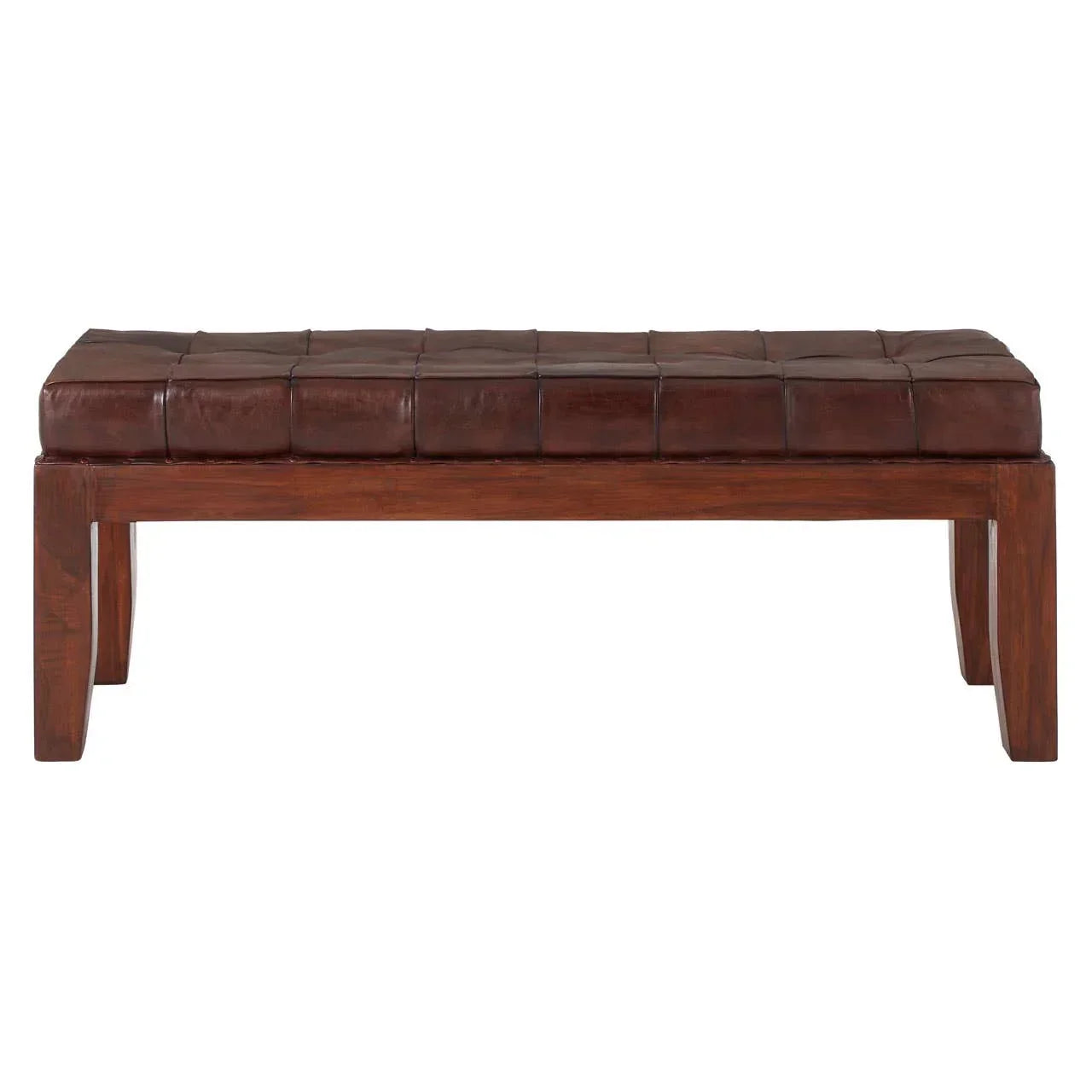 Brown leather bench with wooden frame and tufted cushion, front view