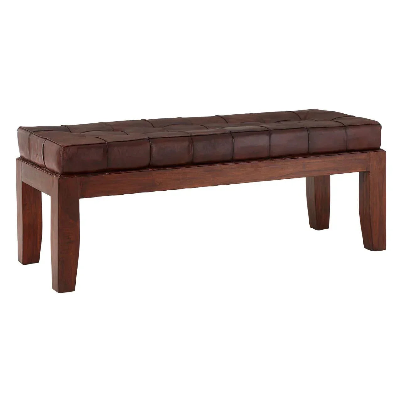 Brown leather bench with tufted cushion and wooden frame, front angle view