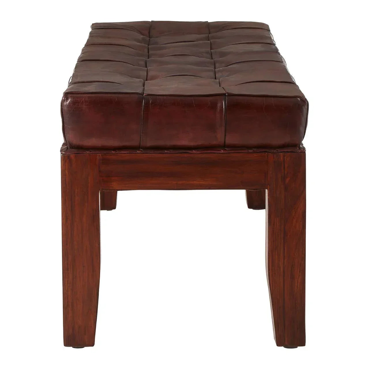 Brown leather bench with deep seat tufting and solid wood legs, front angle view