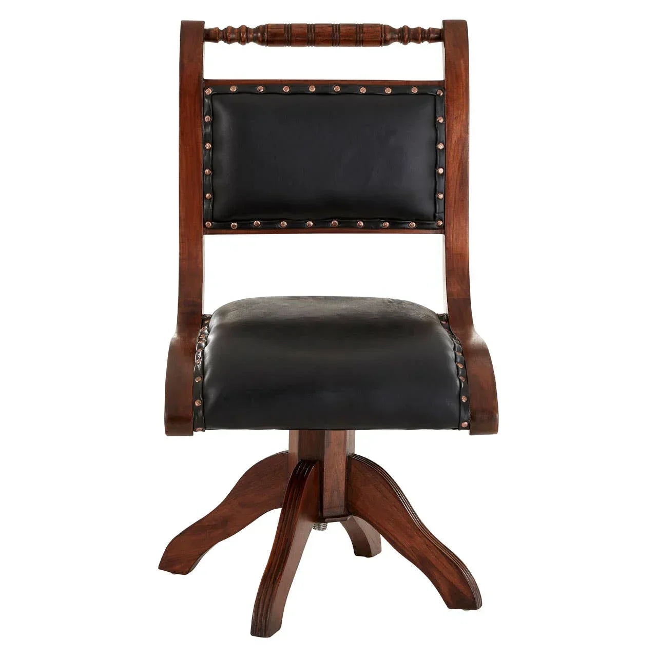 Wooden dining chair with black leather seat and backrest, decorative stud detailing