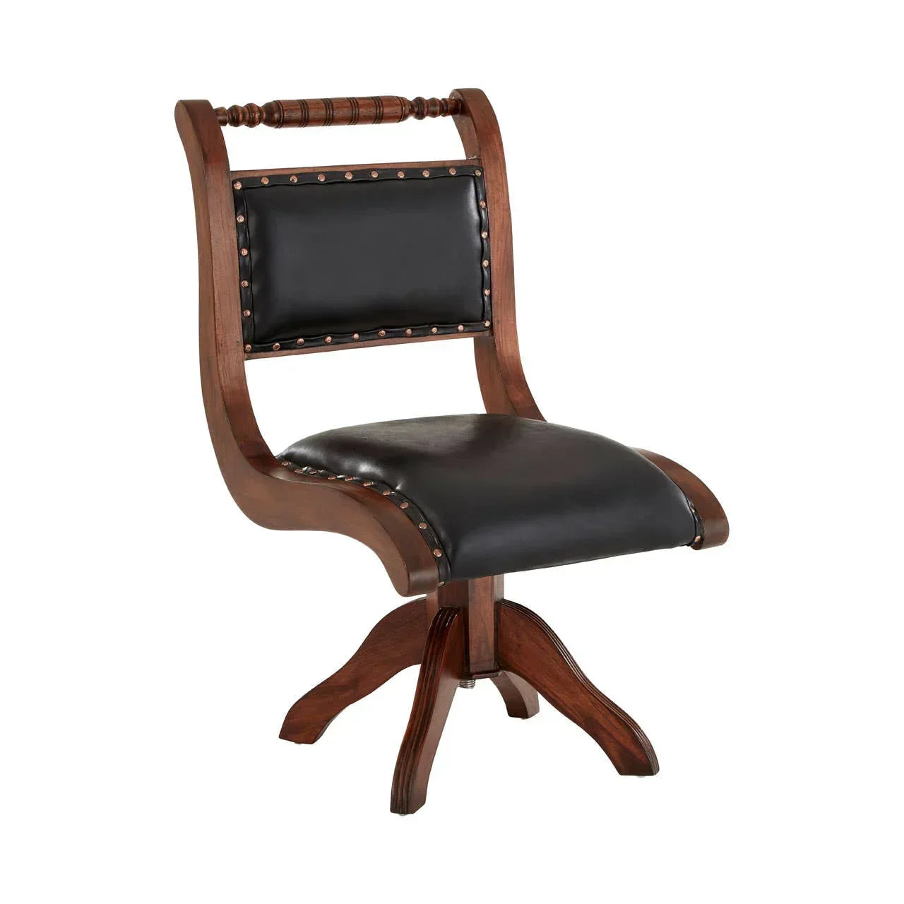 Wooden chair with black leather seat and back, detailed studs, and curved legs