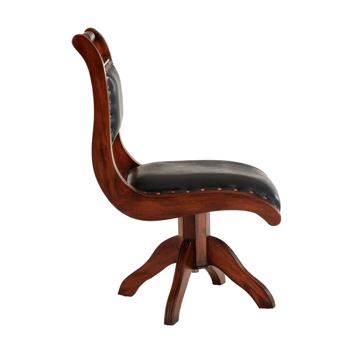 Side view of wooden office chair with black leather seat and curved backrest