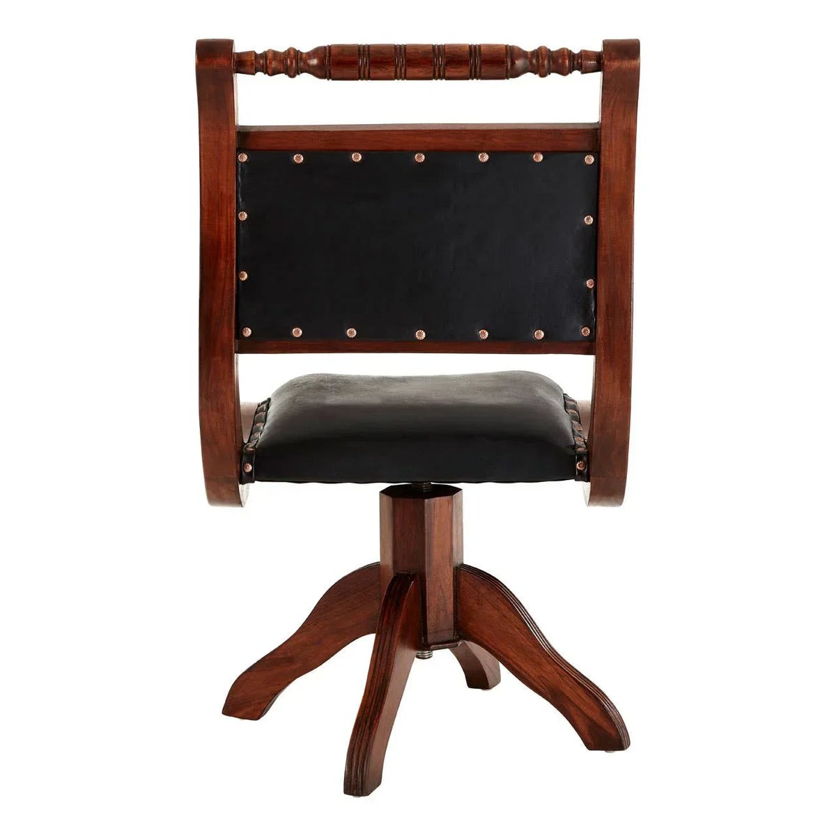 Dark wood swivel chair with black leather seat and backrest, rear view