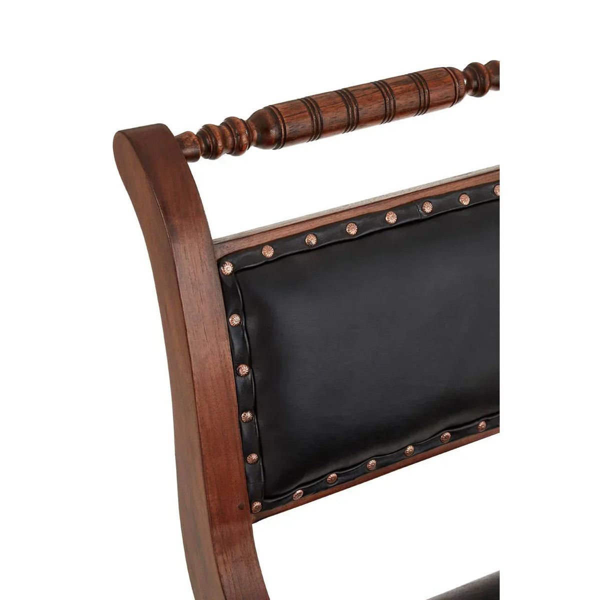 Wooden chair backrest with studded black leather upholstered panel and turned handle