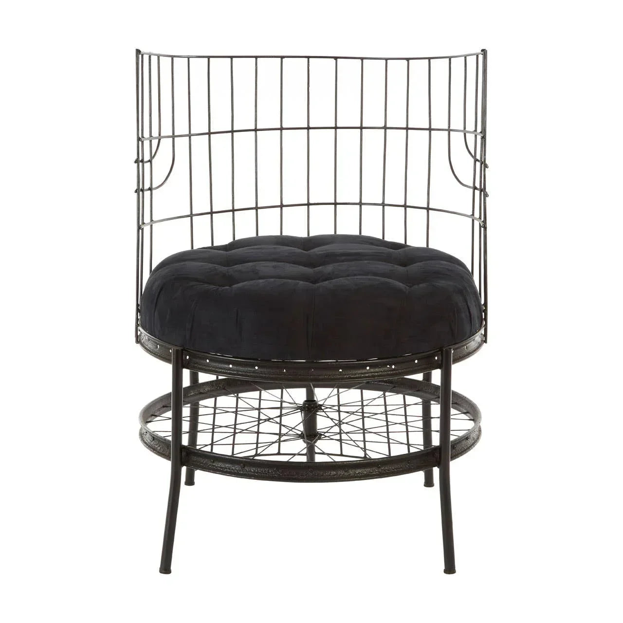 Black velvet seat accent chair with wire metal frame and round lower shelf