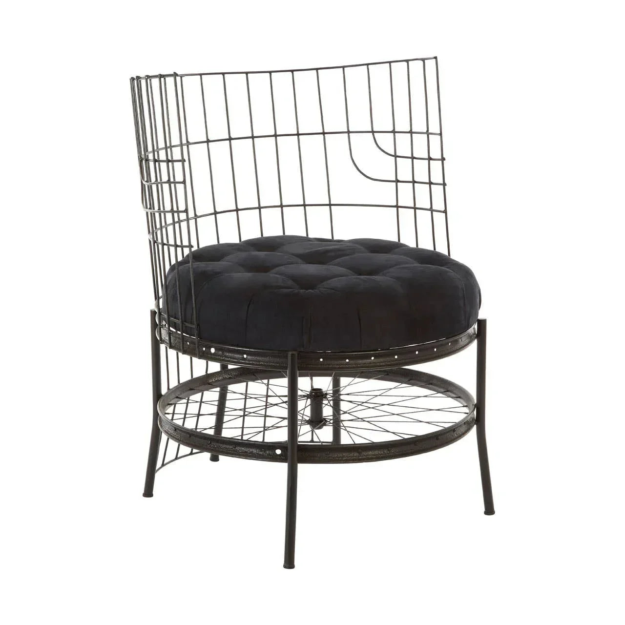 Modern black wire accent chair with round tufted cushion and open metal frame