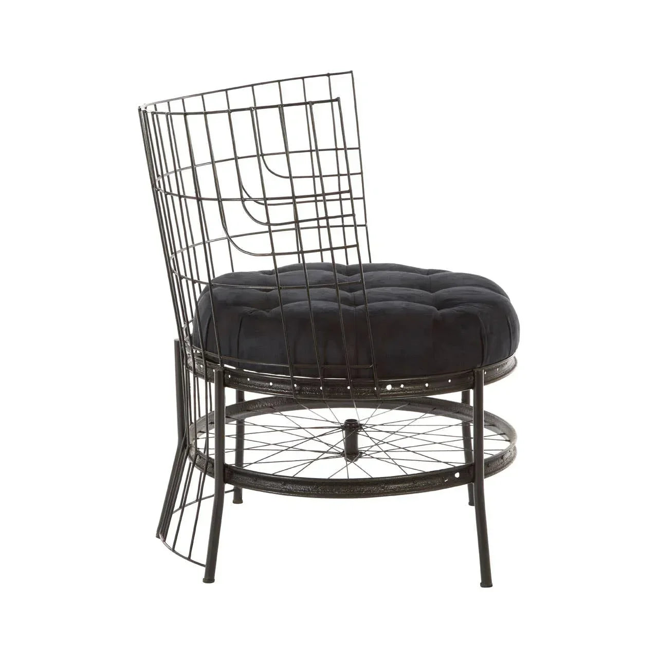 Black metal wire accent chair with round tufted seat cushion and lower shelf