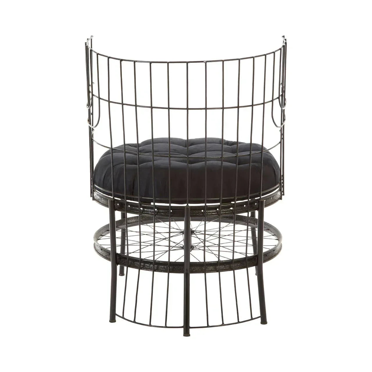 Modern black wire accent chair with round cushioned seat and metal frame, rear view
