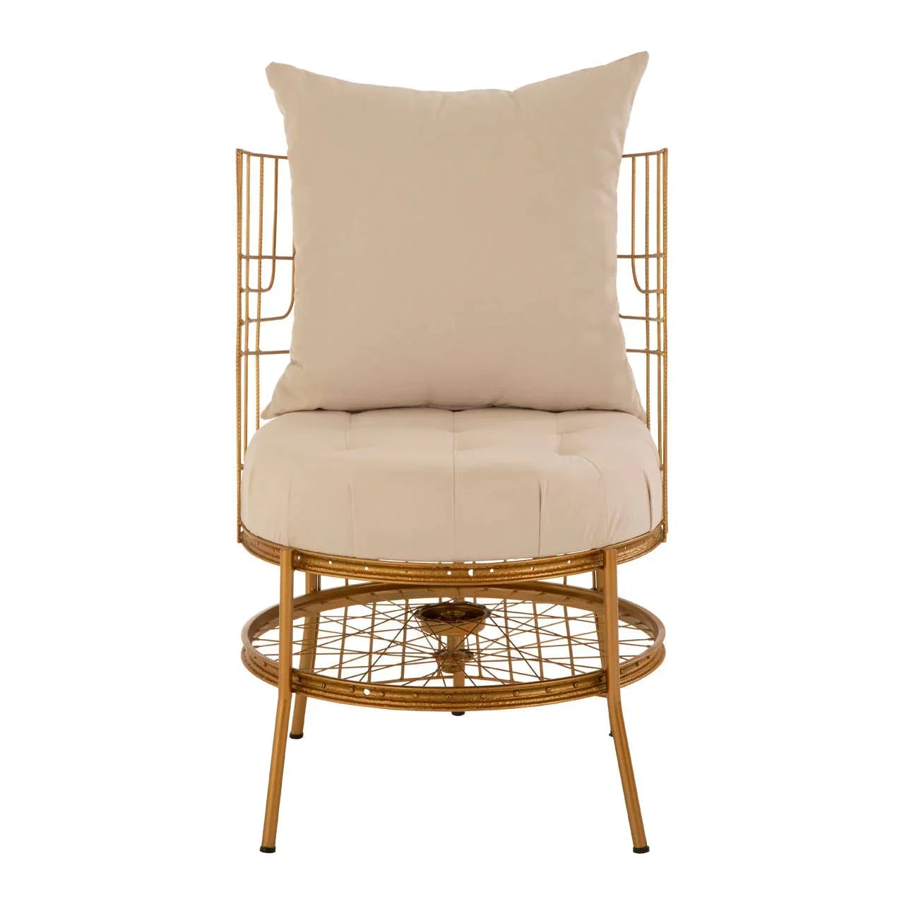 Gold metal accent chair with cream cushions, front view, wire frame base