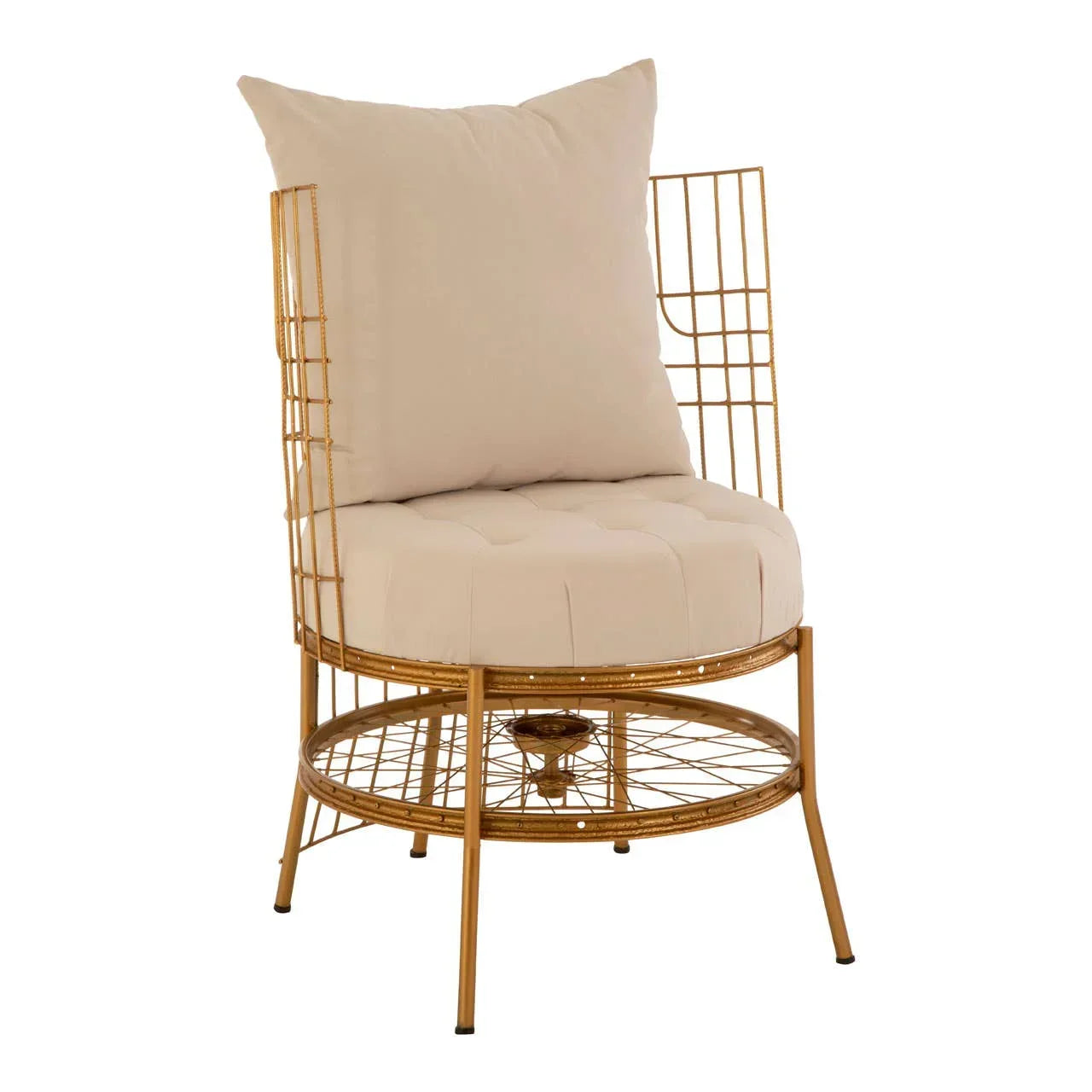Gold metal accent chair with cream cushion and pillow, featuring wire frame design