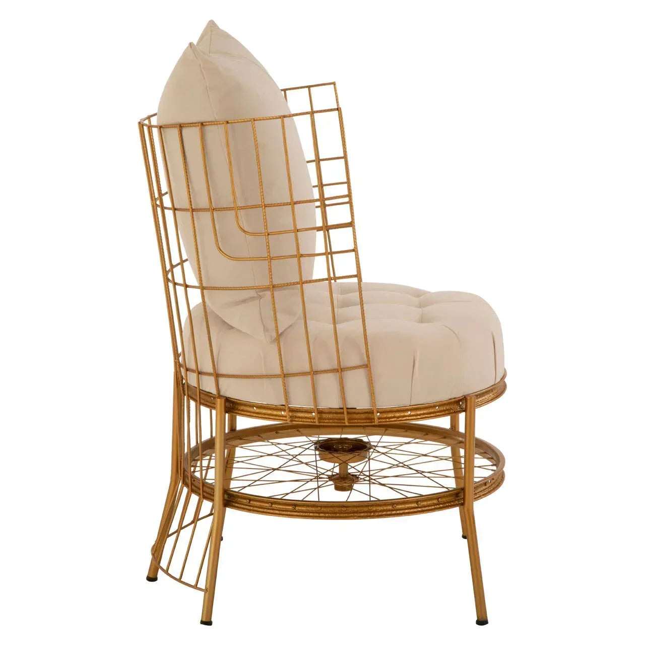 Gold wire accent chair with cream tufted seat and back cushion, side view