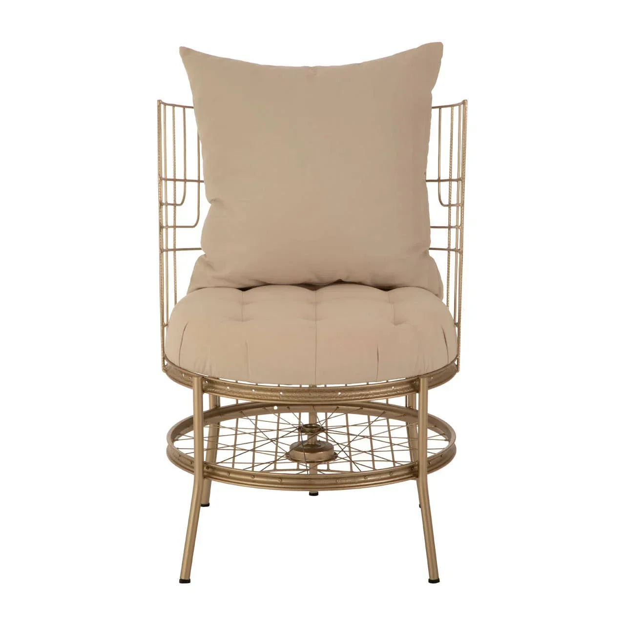Gold wire accent chair with beige cushions and round base, front view
