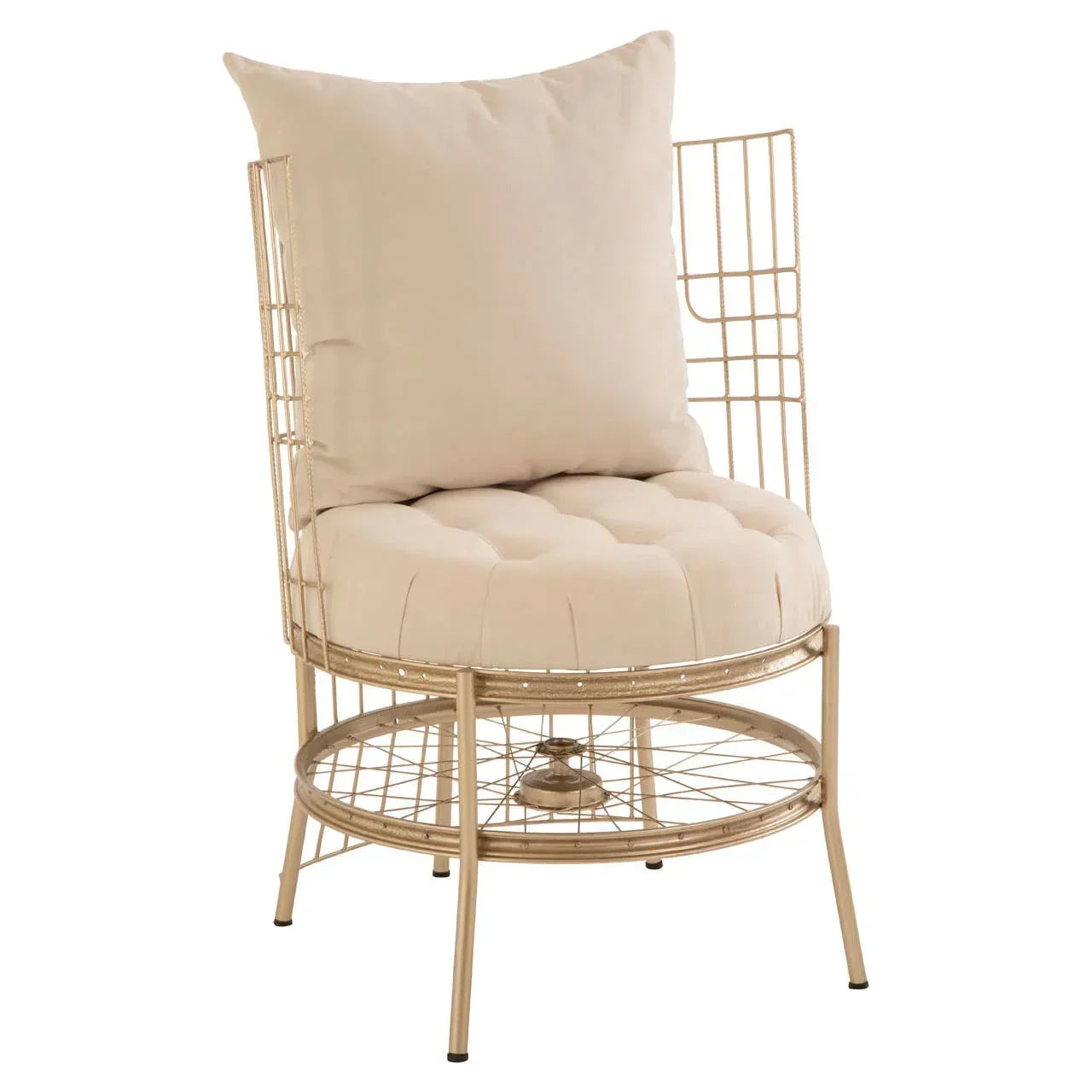 Gold metal accent chair with cream tufted cushion and matching backrest pillow