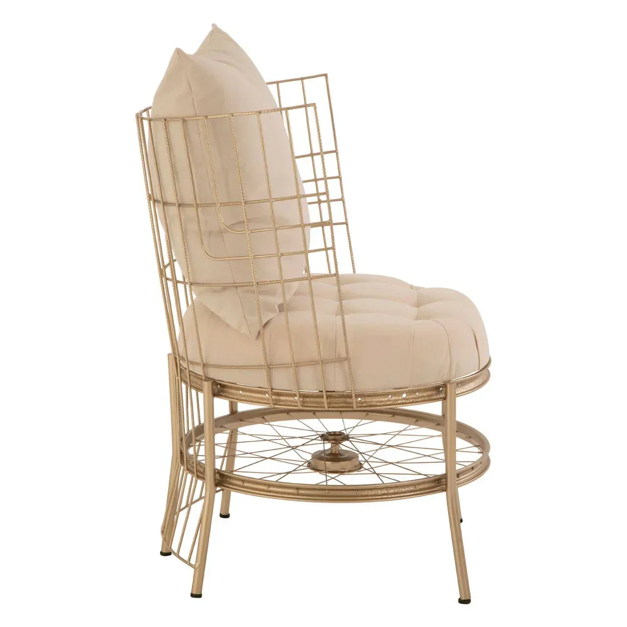 Gold metal accent chair with beige tufted cushion and geometric frame, side view