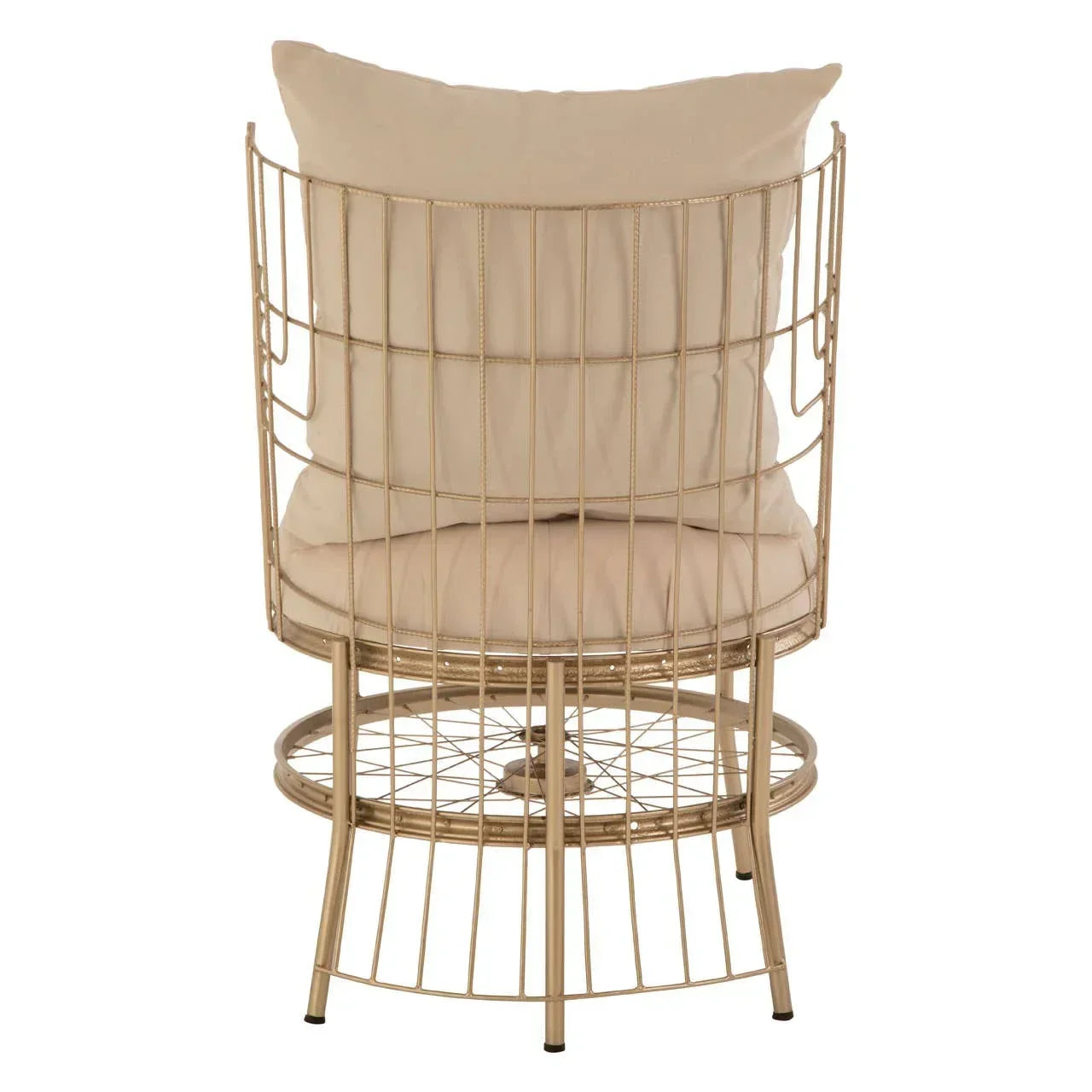 Gold metal accent chair with round cushioned seat and backrest, rear view