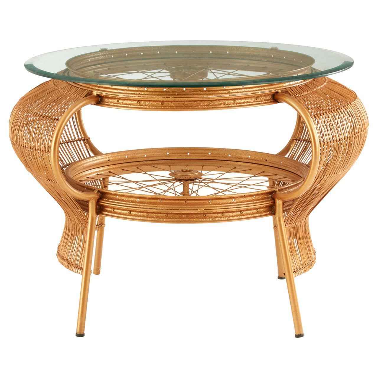 Round rattan coffee table with glass top and lower woven shelf, natural finish