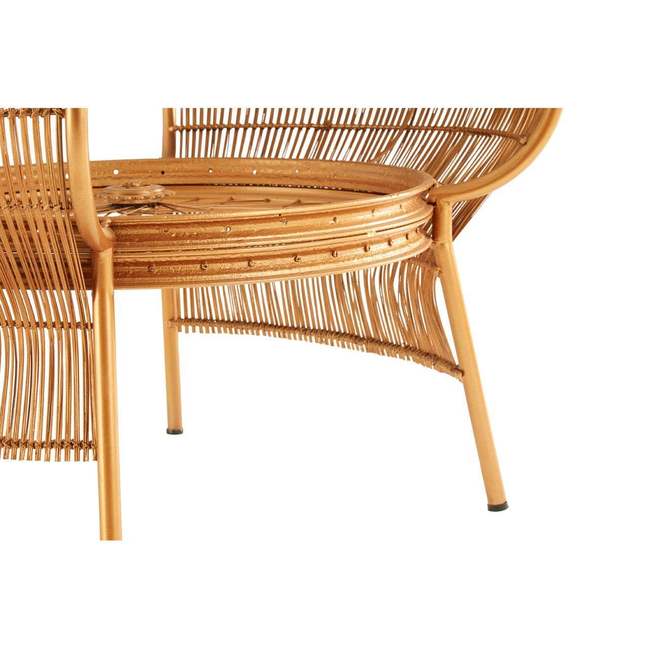 Closeup of rattan armchair seat and frame, showing woven detail and natural finish