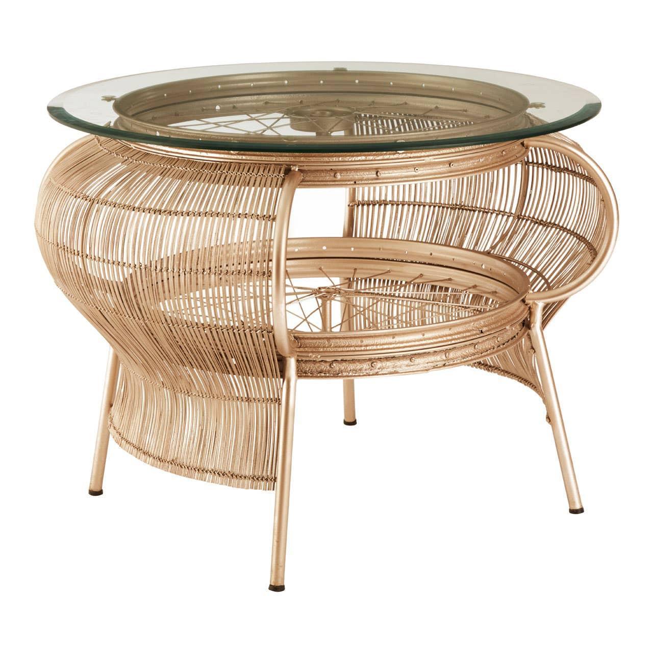 Round glass top rattan coffee table with curved beige woven base