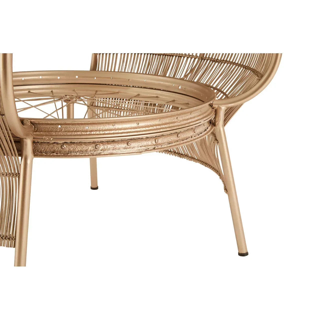 Close view of gold metal rattan chair base with detailed woven frame and three legs