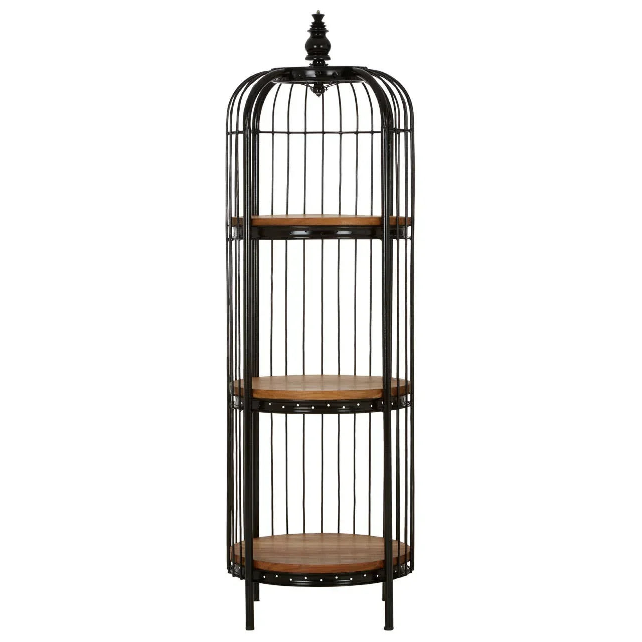 Black metal cage style shelving unit with round wooden shelves and decorative top