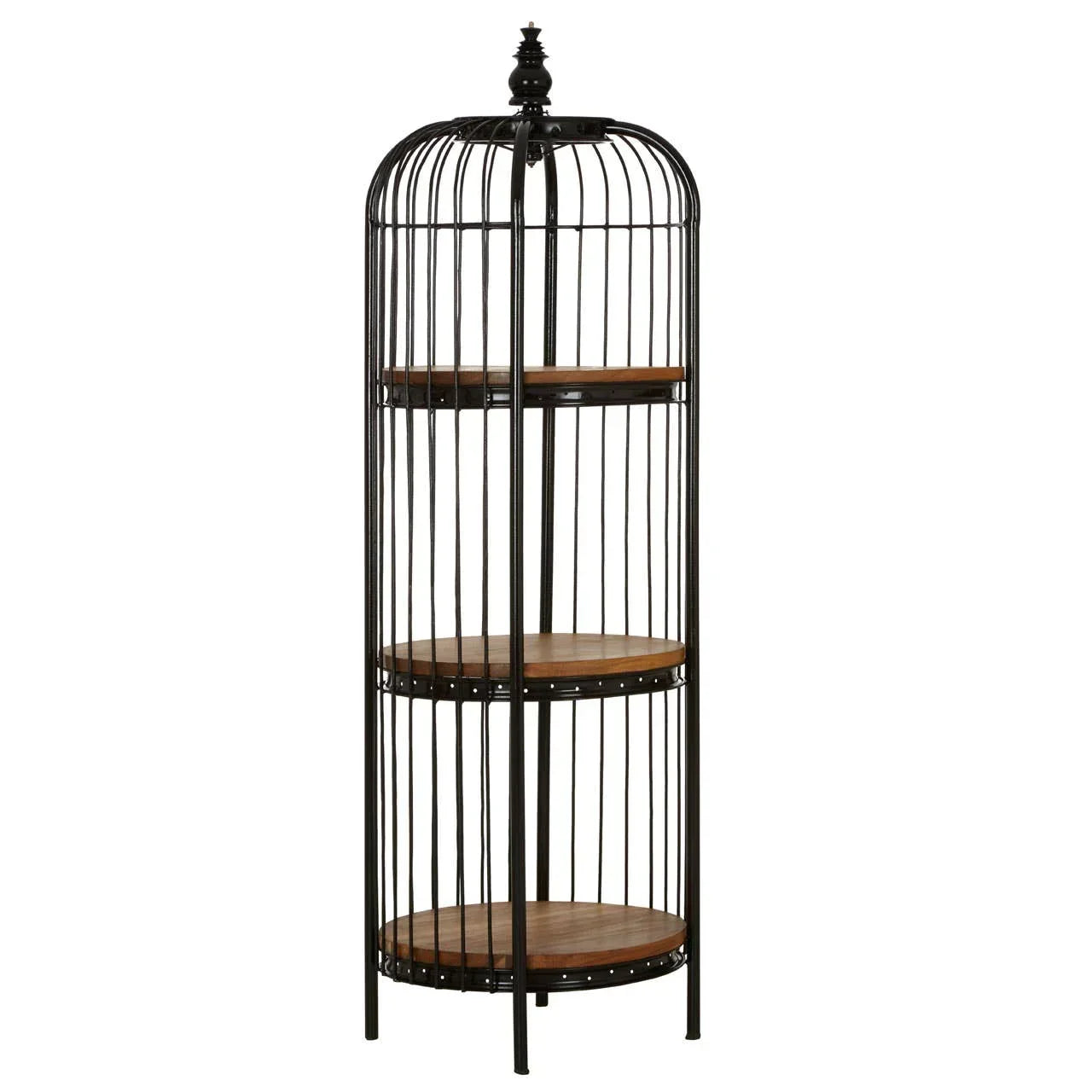 Tall industrial shelf with black metal frame and round wooden shelves, birdcage design