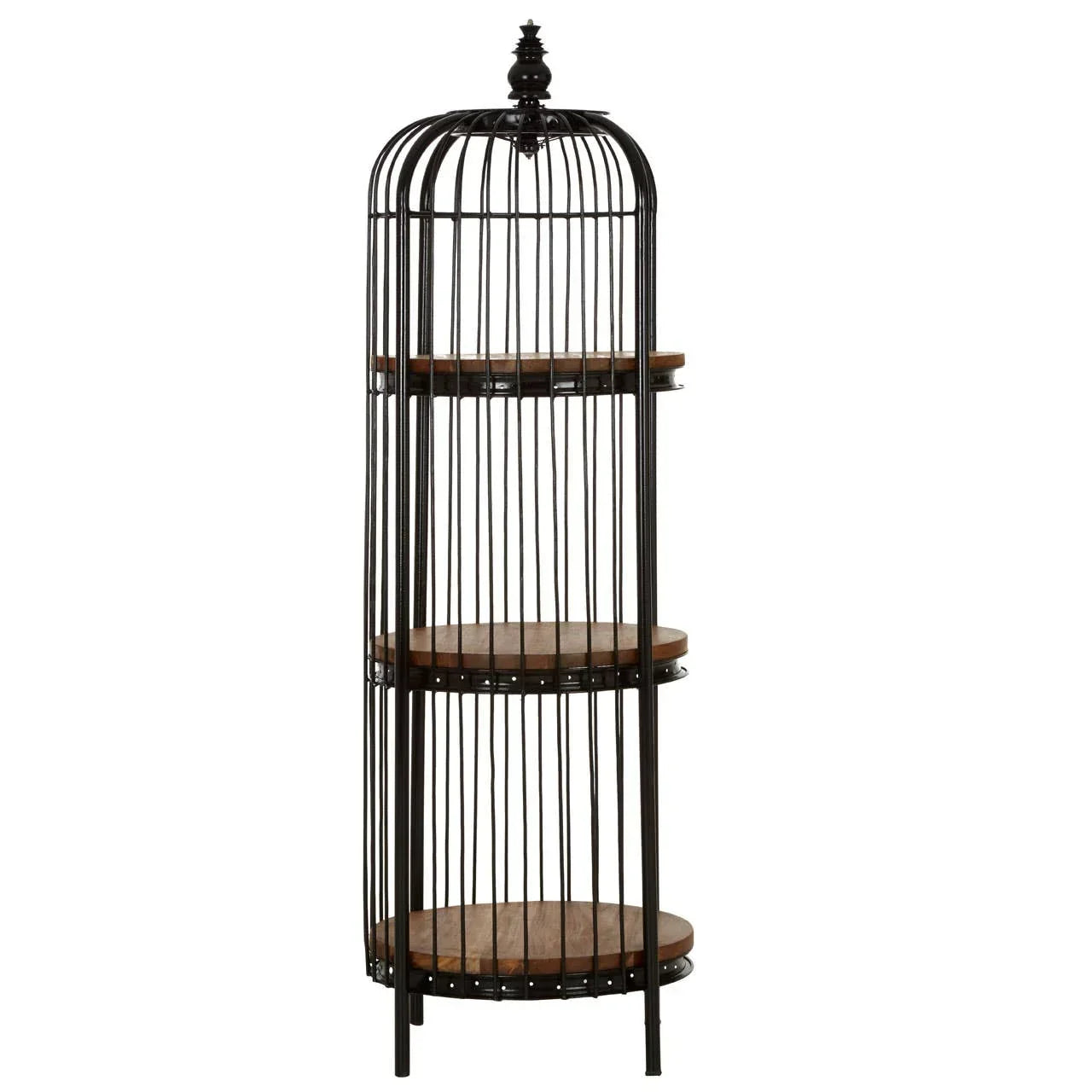 Black metal and wood shelving unit with three round tiers and cage-style frame