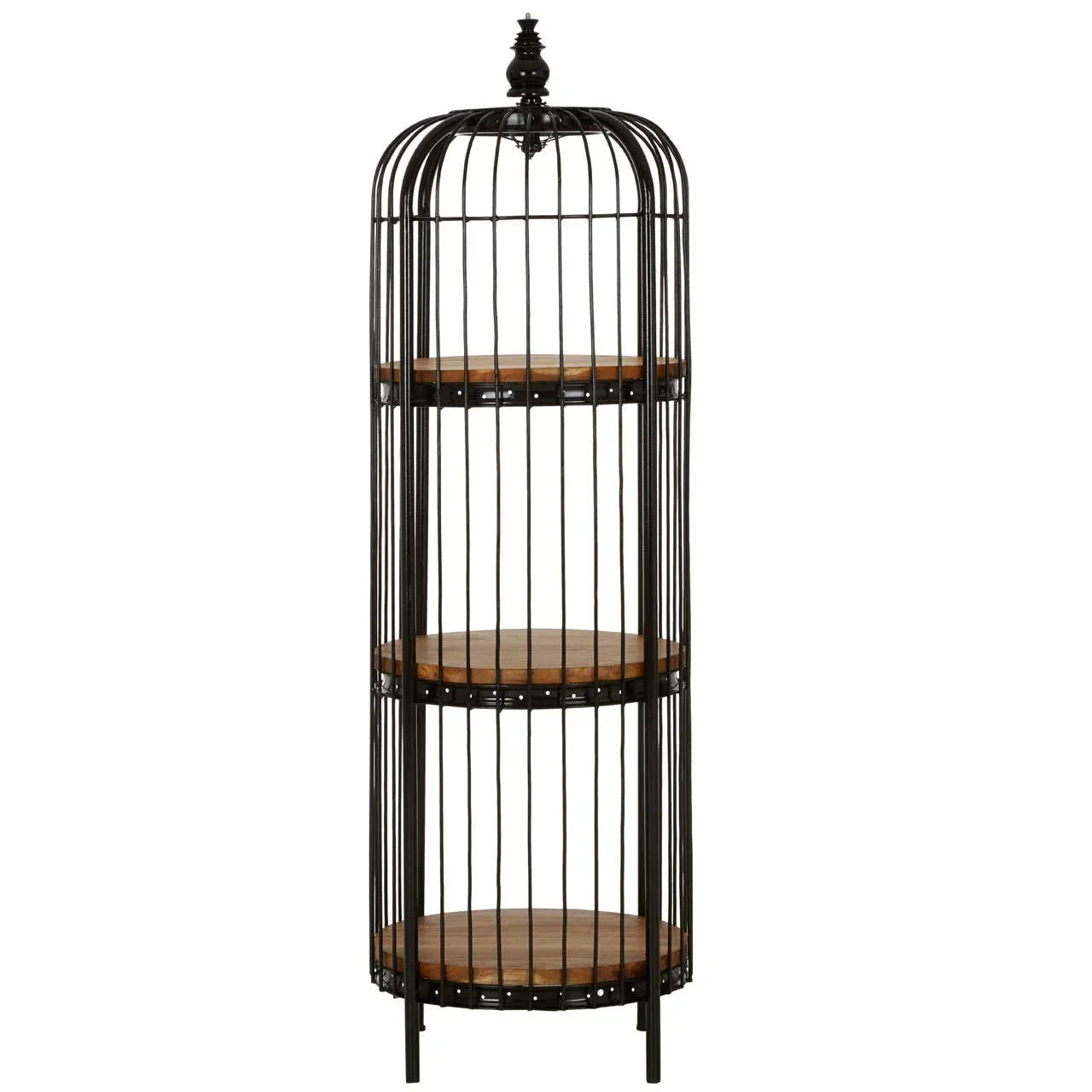 Tall black metal shelving unit with three round wooden shelves and birdcage design