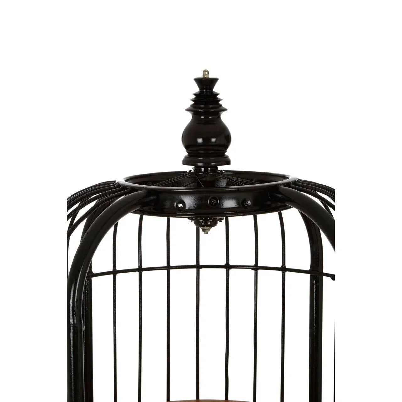 Black metal birdcage with decorative finial and curved top bars close-up