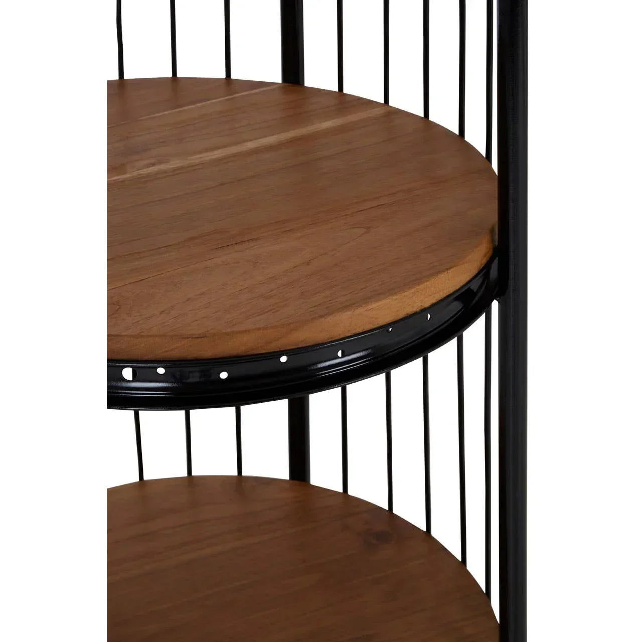 Round wooden shelf with black metal frame and vertical bars, close-up corner view