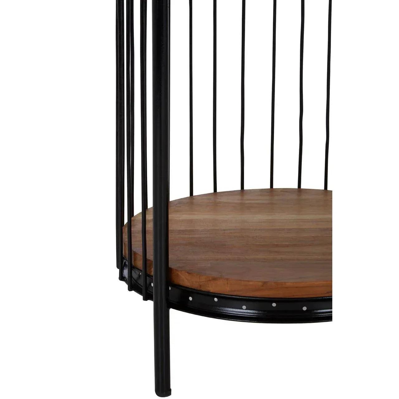 Round wood and black metal side table base with vertical rod detail