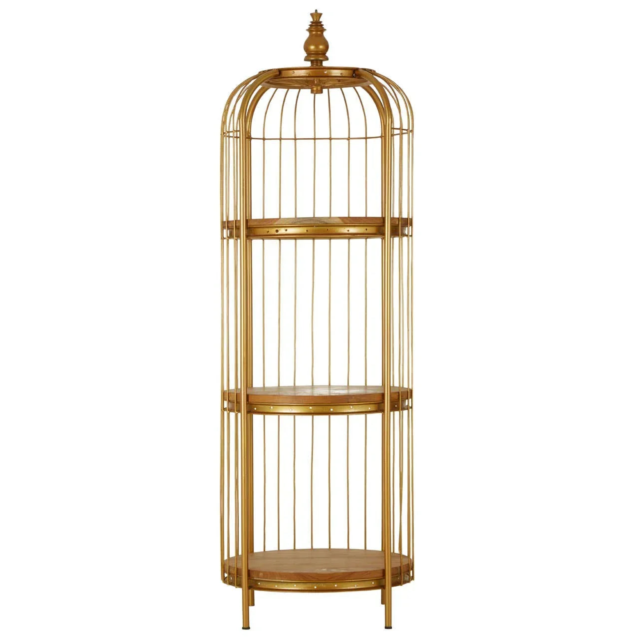 Gold metal display shelf with round wooden shelves and cage-style frame, freestanding design