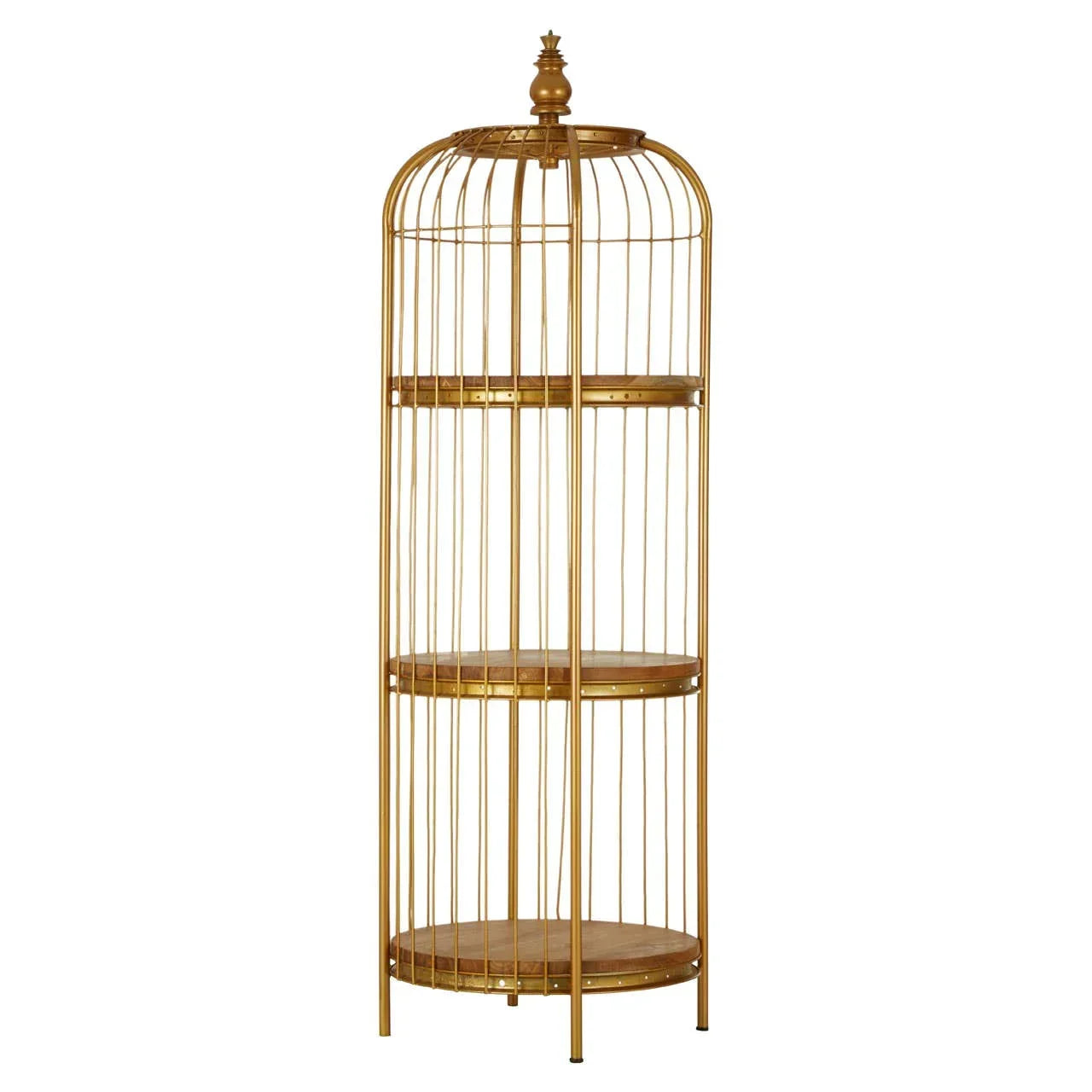 Gold metal shelving unit with three circular wooden shelves and birdcage design