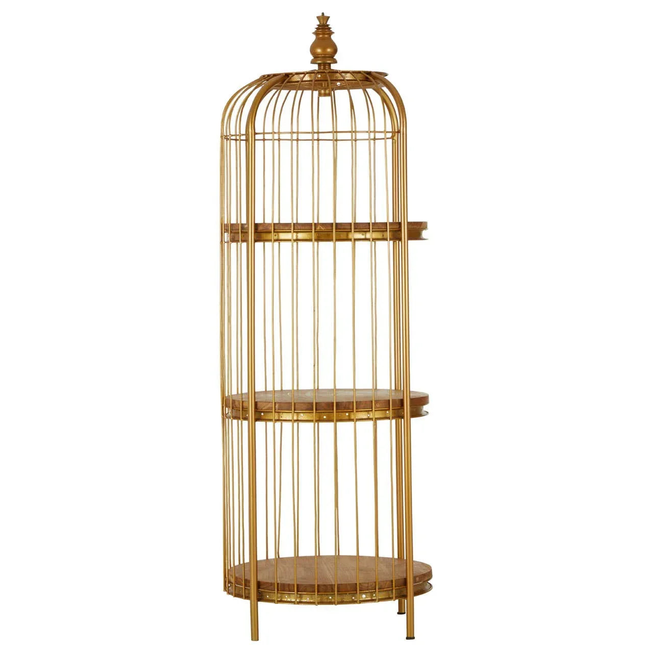 Gold metal display shelf with three round wooden tiers and a cage-style frame