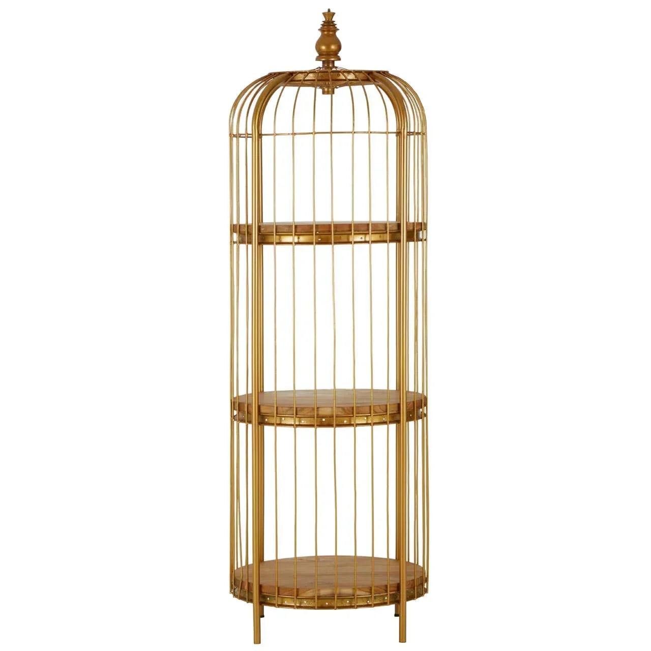 Gold metal display shelf with three round wood shelves and cage design, freestanding unit
