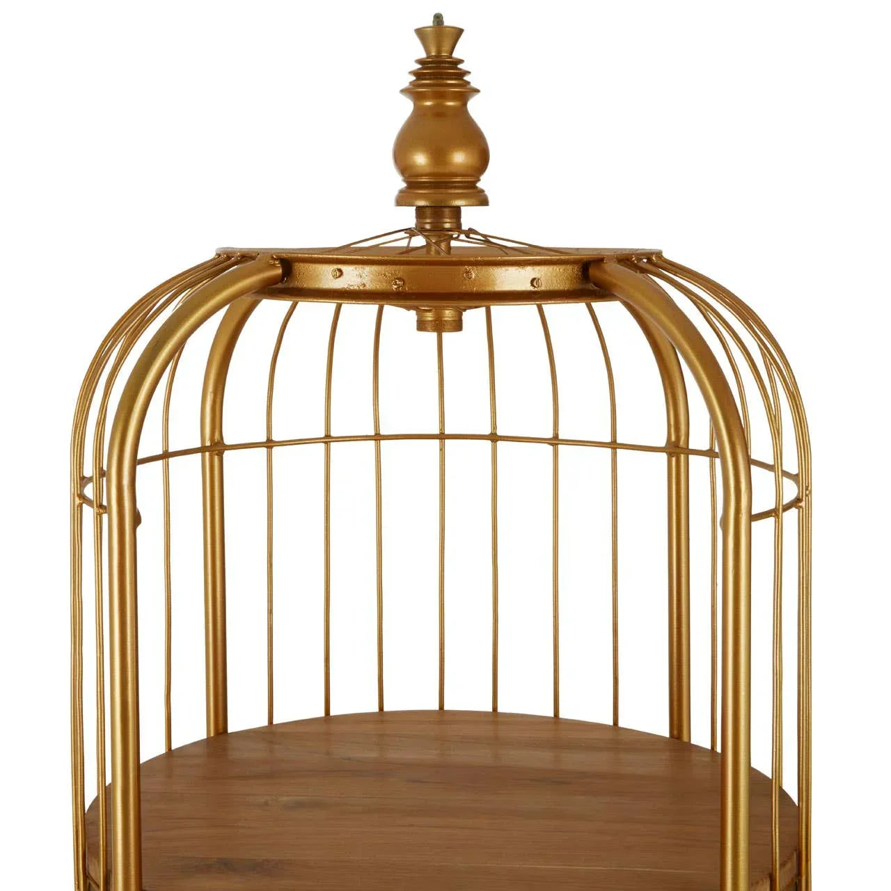 Gold metal bird cage ornament with wooden base and decorative finial top